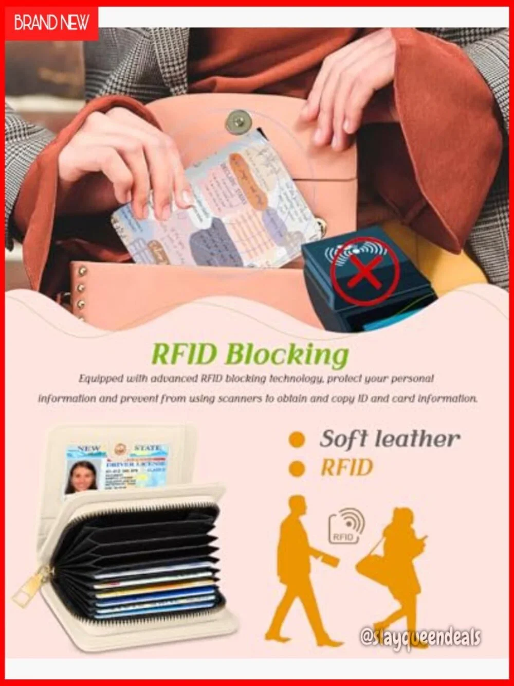 Leather RFID Wallet with Zipper, 15 Card Slots, Coin Pocket, Accordion Style
